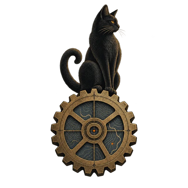 Eine schwarze Katze sitzt auf einem Messingzahnrad