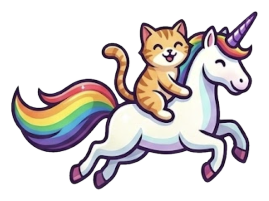 Cartoon cat riding a white unicorn with a rainbow mane